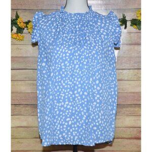 Hailey & Co. Blue & White Spotted Short Sleeve Blouse Top Size M Ruffle Trim